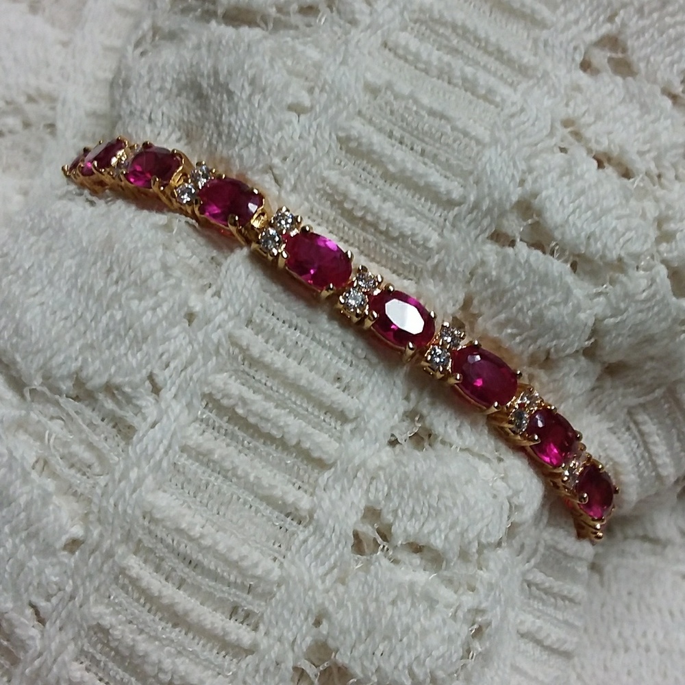 Ruby and CZ Gold Plated 7" Tennis Bracelet NEW